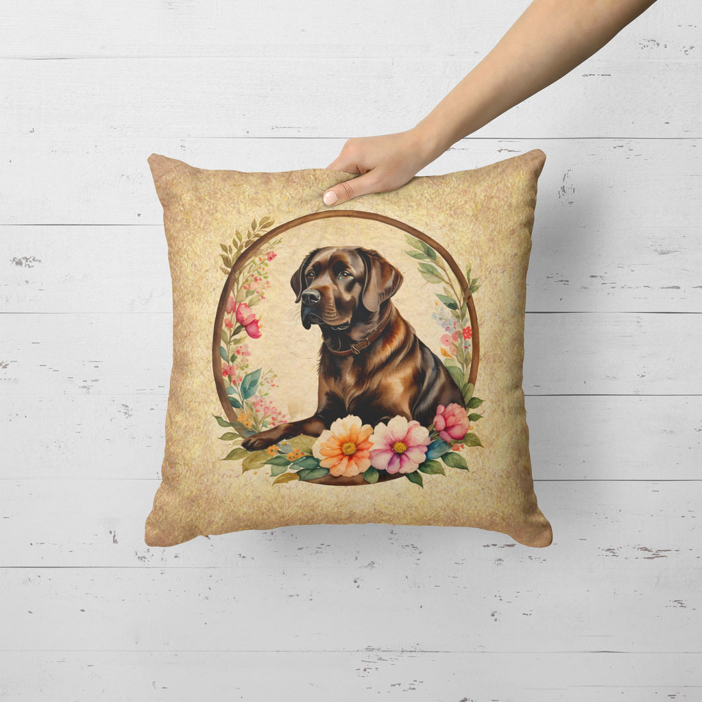 Chocolate Labrador Retriever and Flowers Decorative Throw Pillow 18x18 Indoor Outdoor Accent Cushion, Fabric Cover with Insert for Sofa, Bed, Porch & Living Room