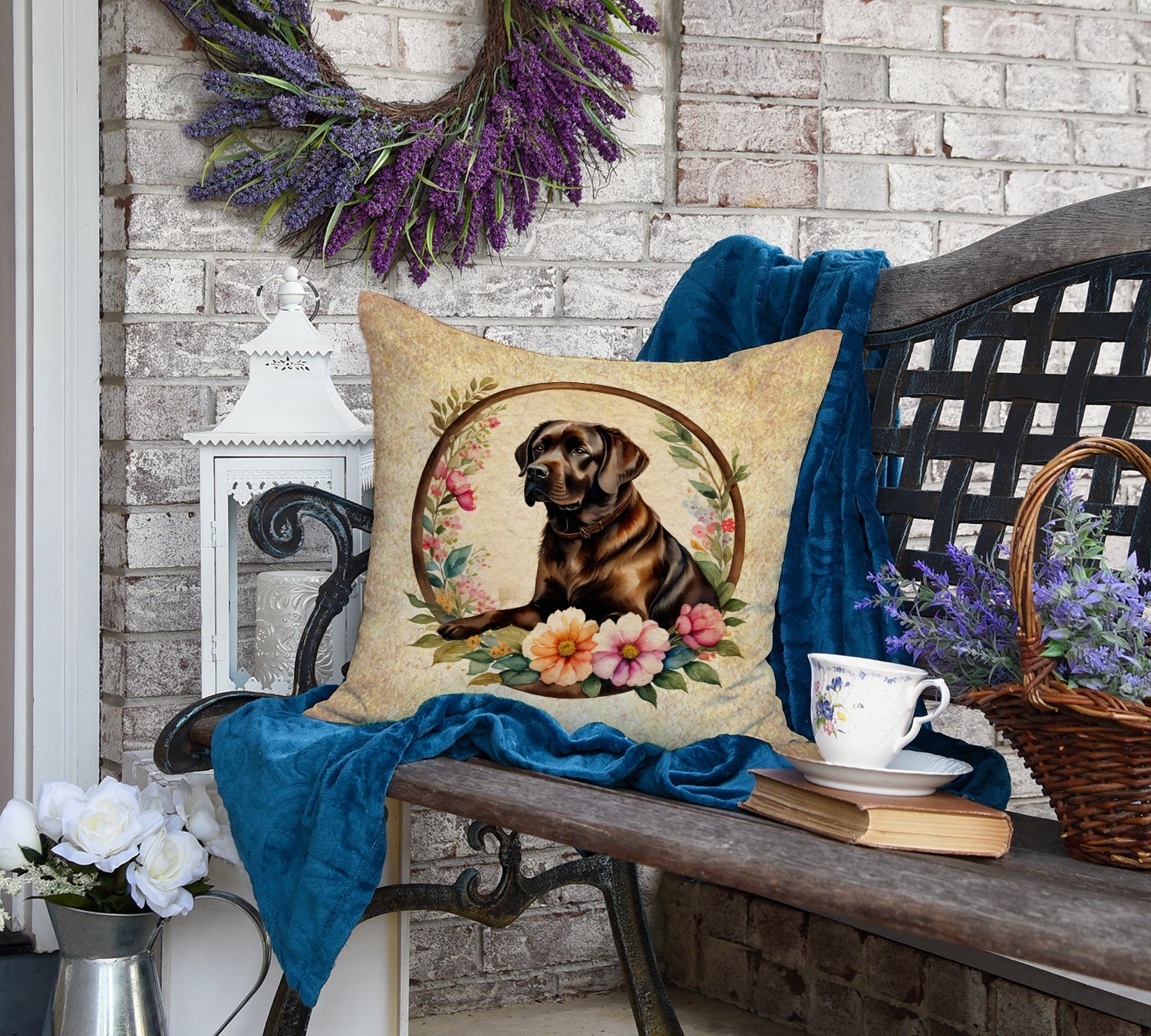 Chocolate Labrador Retriever and Flowers Decorative Throw Pillow 18x18 Indoor Outdoor Accent Cushion, Fabric Cover with Insert for Sofa, Bed, Porch & Living Room