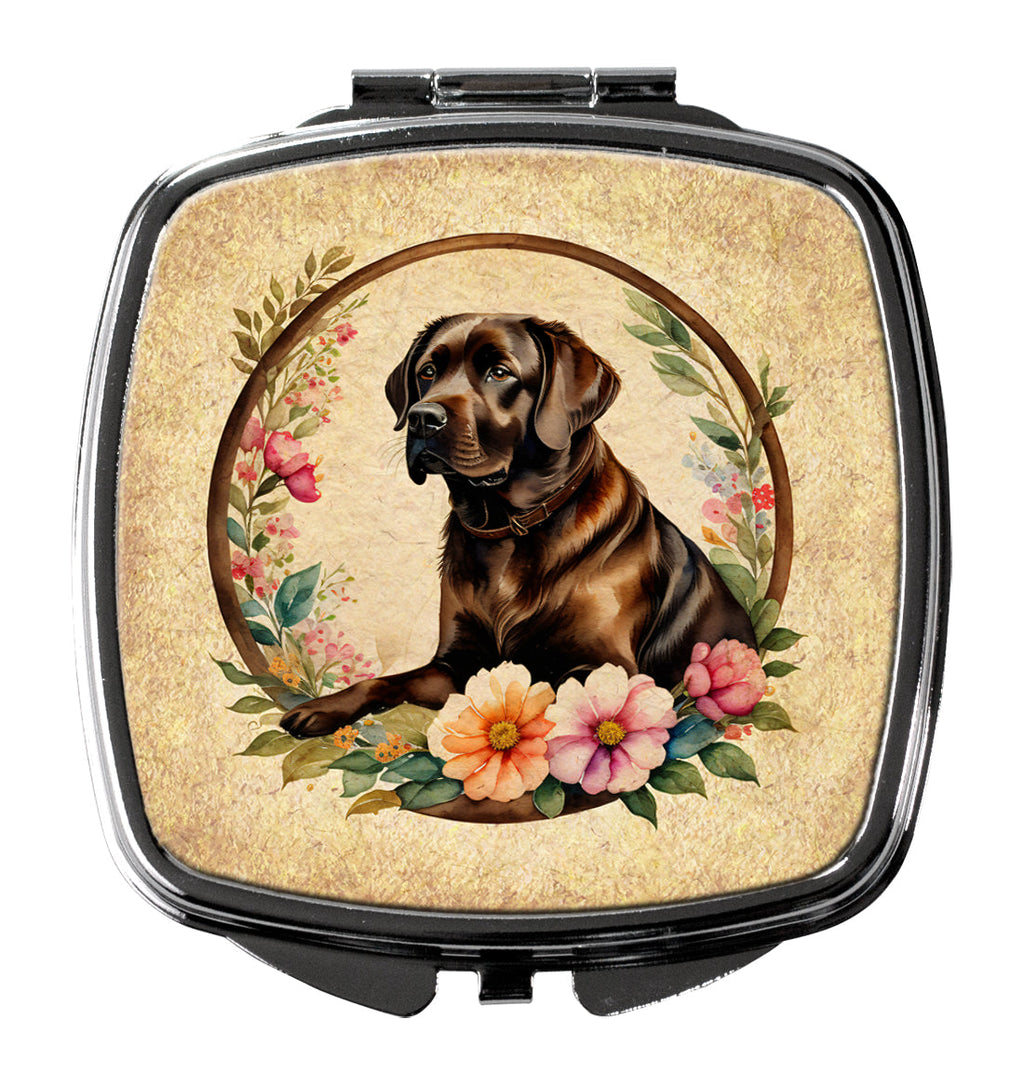 Chocolate Labrador Retriever and Flowers Compact Mirror Decorative Travel Makeup Mirror for Women Girls Gifts Pocket Makeup Mirror Folding Handheld