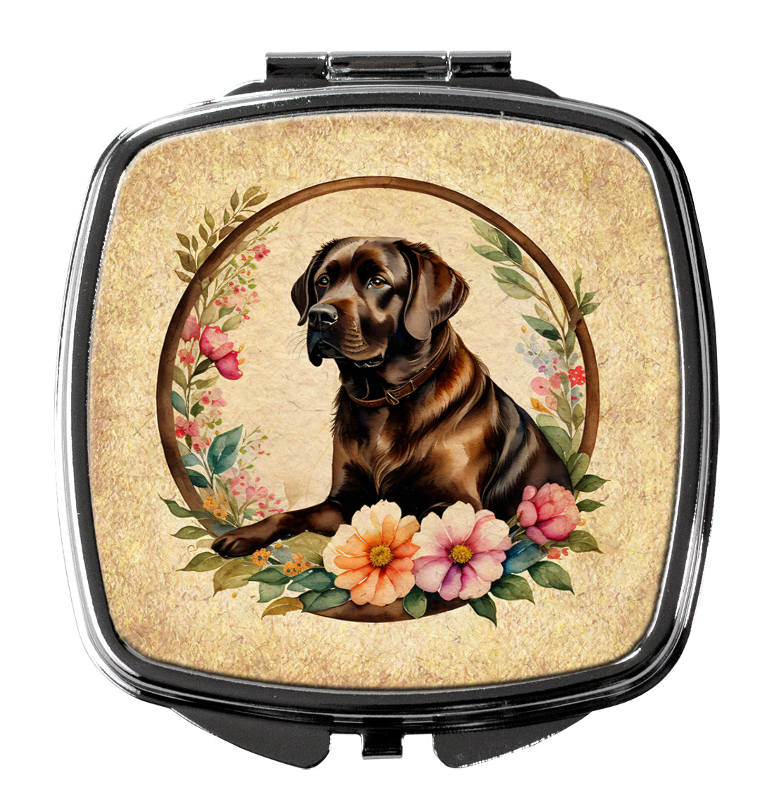 Chocolate Labrador Retriever and Flowers Compact Mirror Decorative Travel Makeup Mirror for Women Girls Gifts Pocket Makeup Mirror Folding Handheld