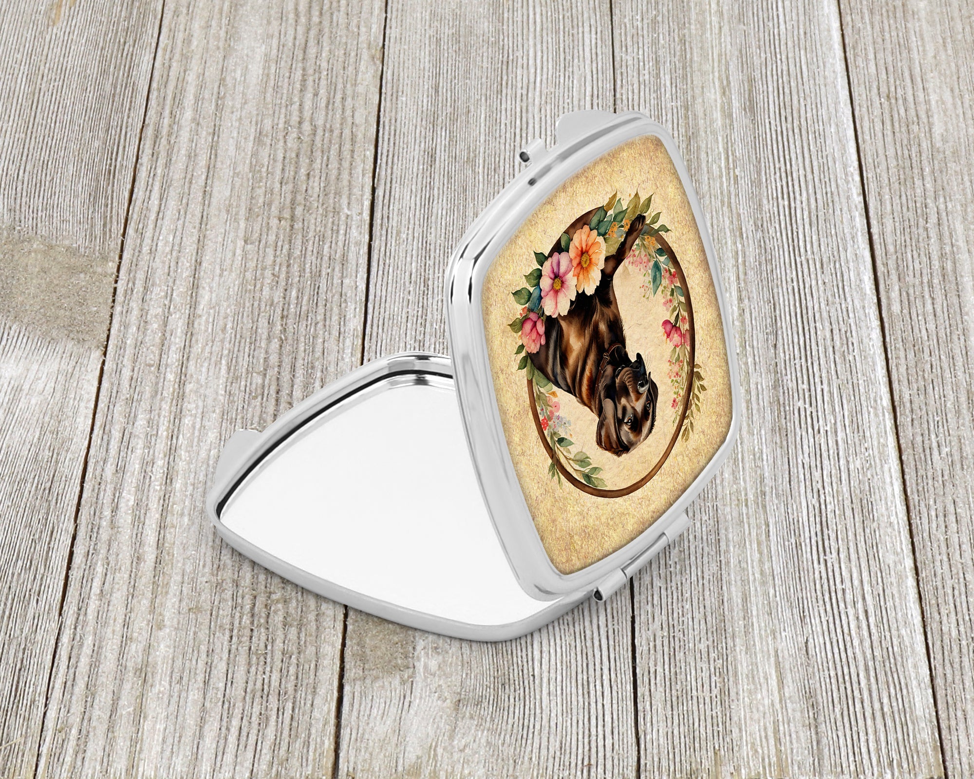 Chocolate Labrador Retriever and Flowers Compact Mirror Decorative Travel Makeup Mirror for Women Girls Gifts Pocket Makeup Mirror Folding Handheld