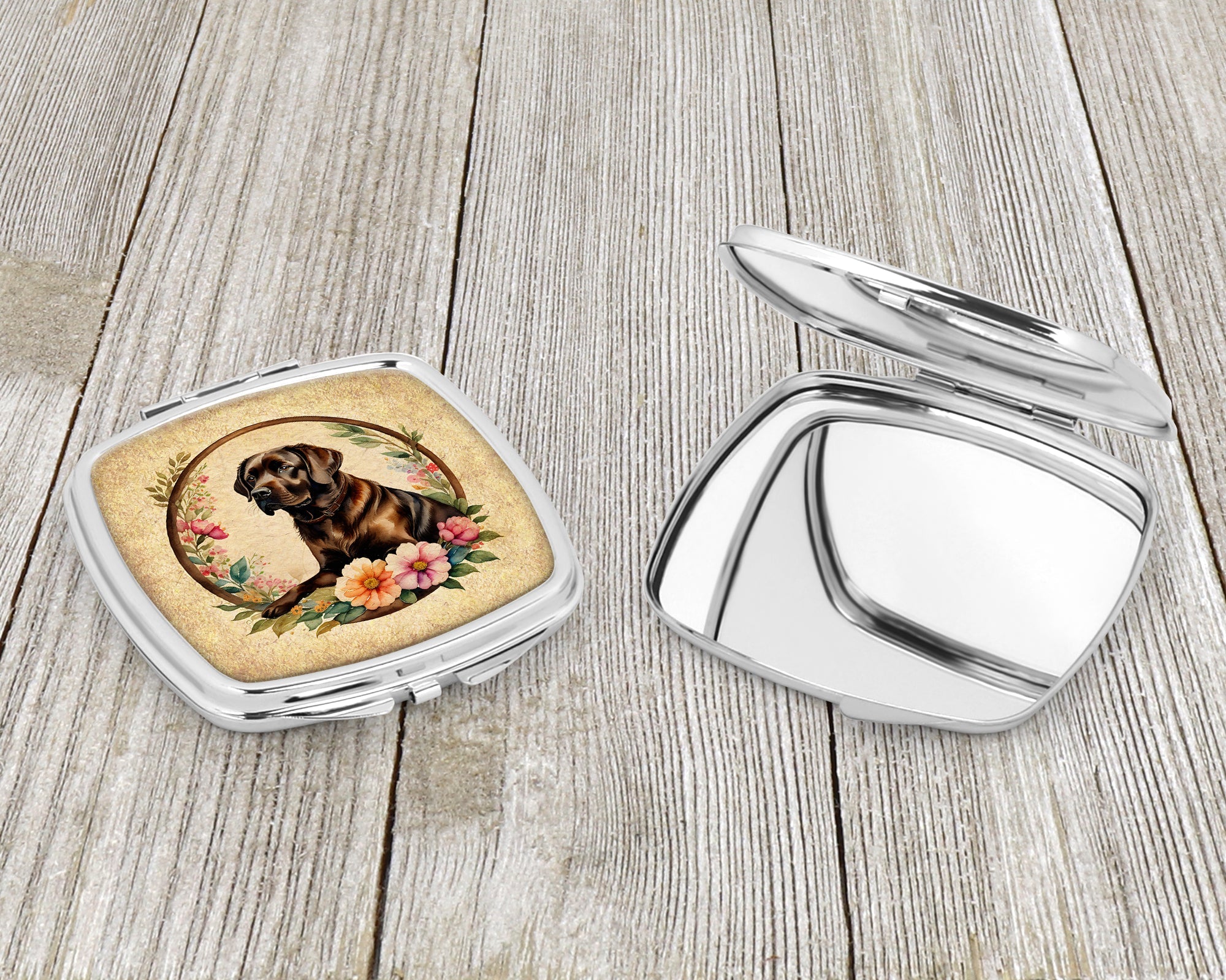 Chocolate Labrador Retriever and Flowers Compact Mirror Decorative Travel Makeup Mirror for Women Girls Gifts Pocket Makeup Mirror Folding Handheld