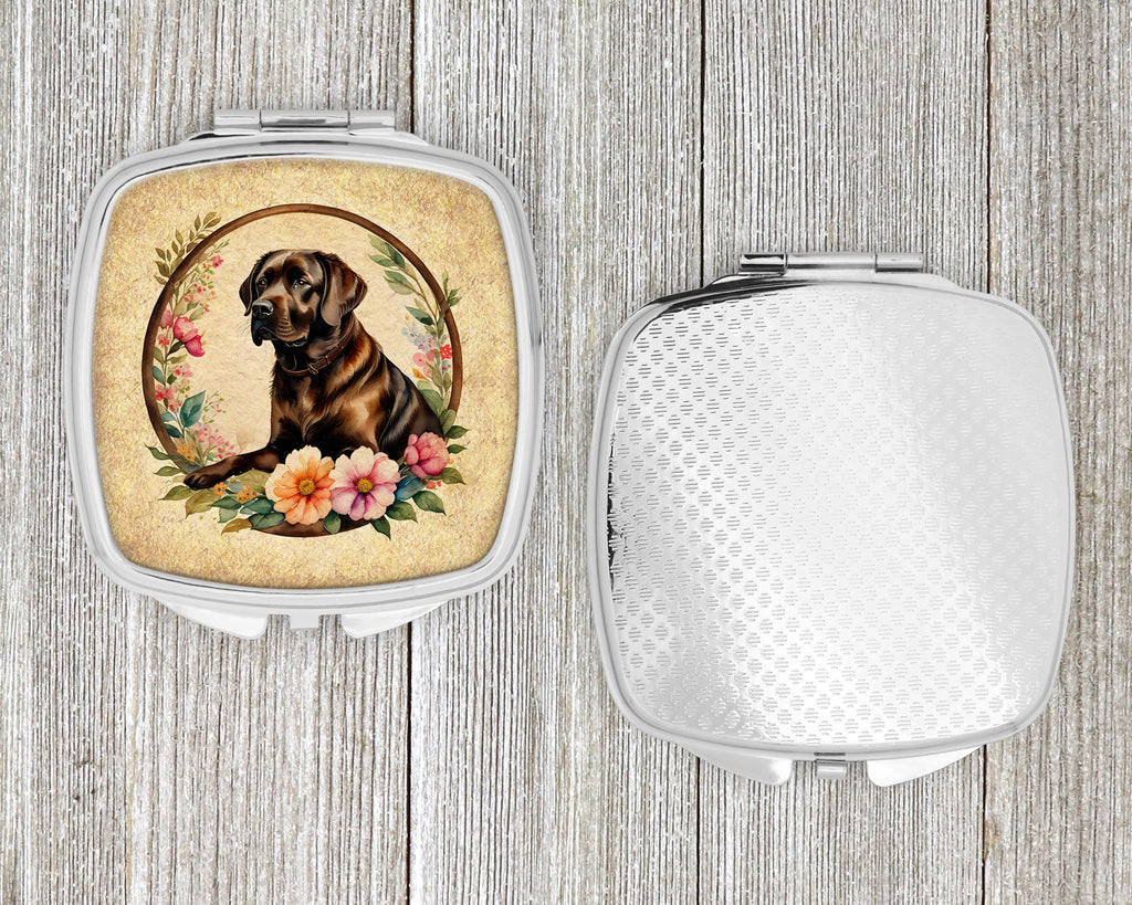 Chocolate Labrador Retriever and Flowers Compact Mirror Decorative Travel Makeup Mirror for Women Girls Gifts Pocket Makeup Mirror Folding Handheld