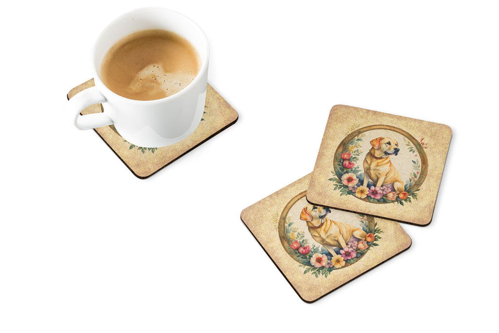 Yellow Labrador Retriever and Flowers Foam Coasters Set of 4 Cup Coasters for Indoor Outdoor, Tabletop Protection, Anti Slip, Mouse pad Material