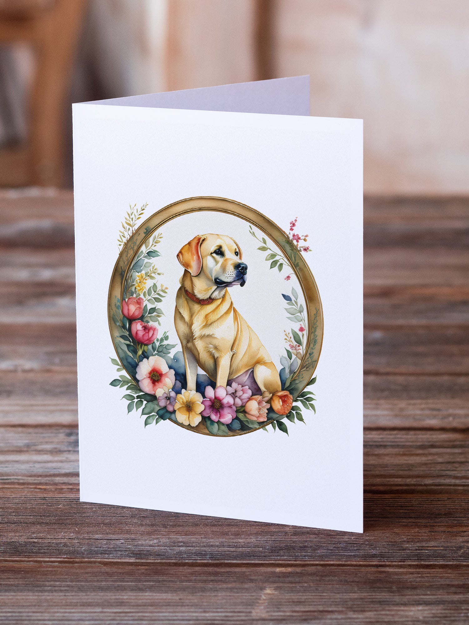 Yellow Labrador Retriever and Flowers Greeting Cards Pack of 8 Blank Cards with Envelopes Whimsical A7 Size 5x7