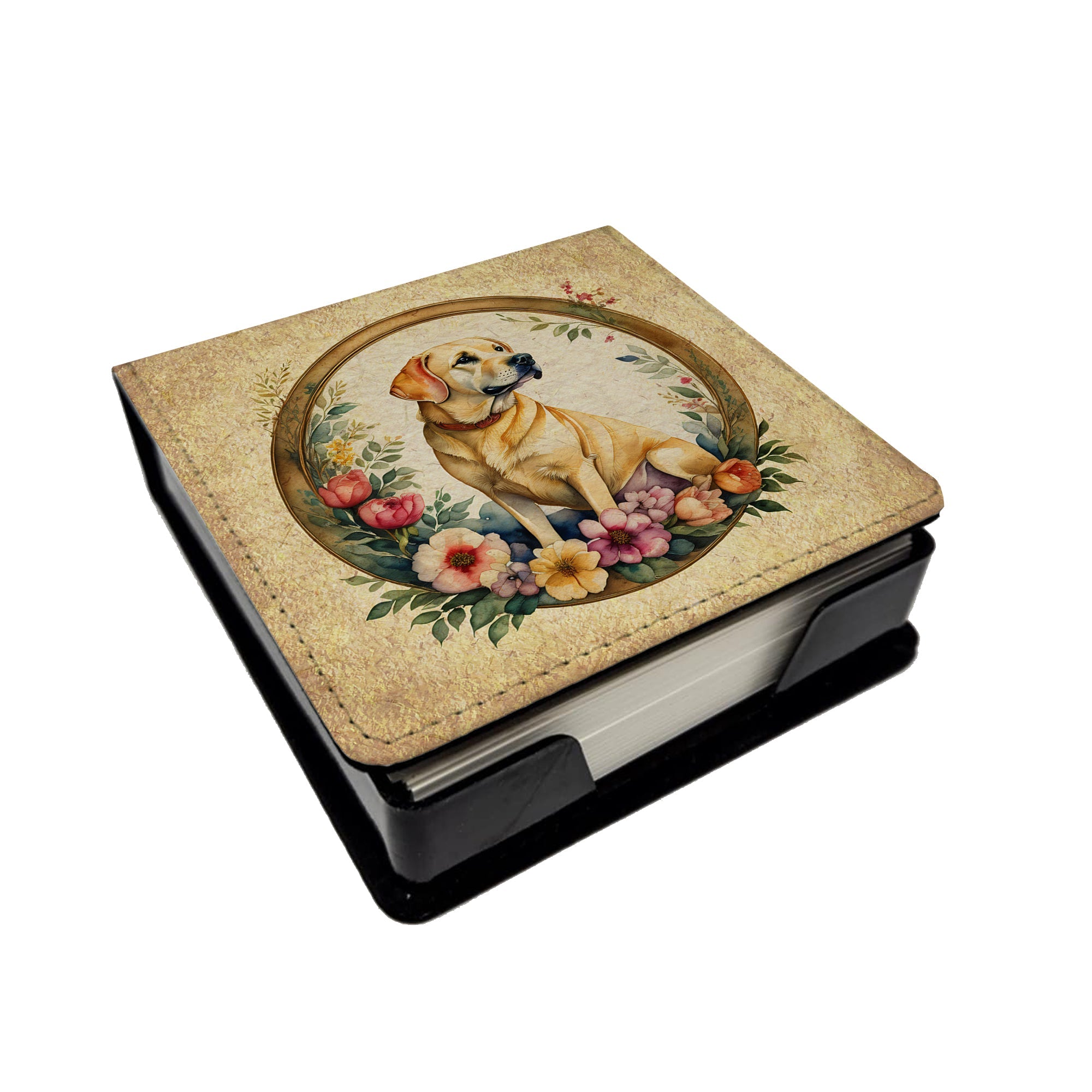 Yellow Labrador Retriever and Flowers PU Leather Note Paper Holder with Artist-Designed Cover, Desk Accessory, Office Gift