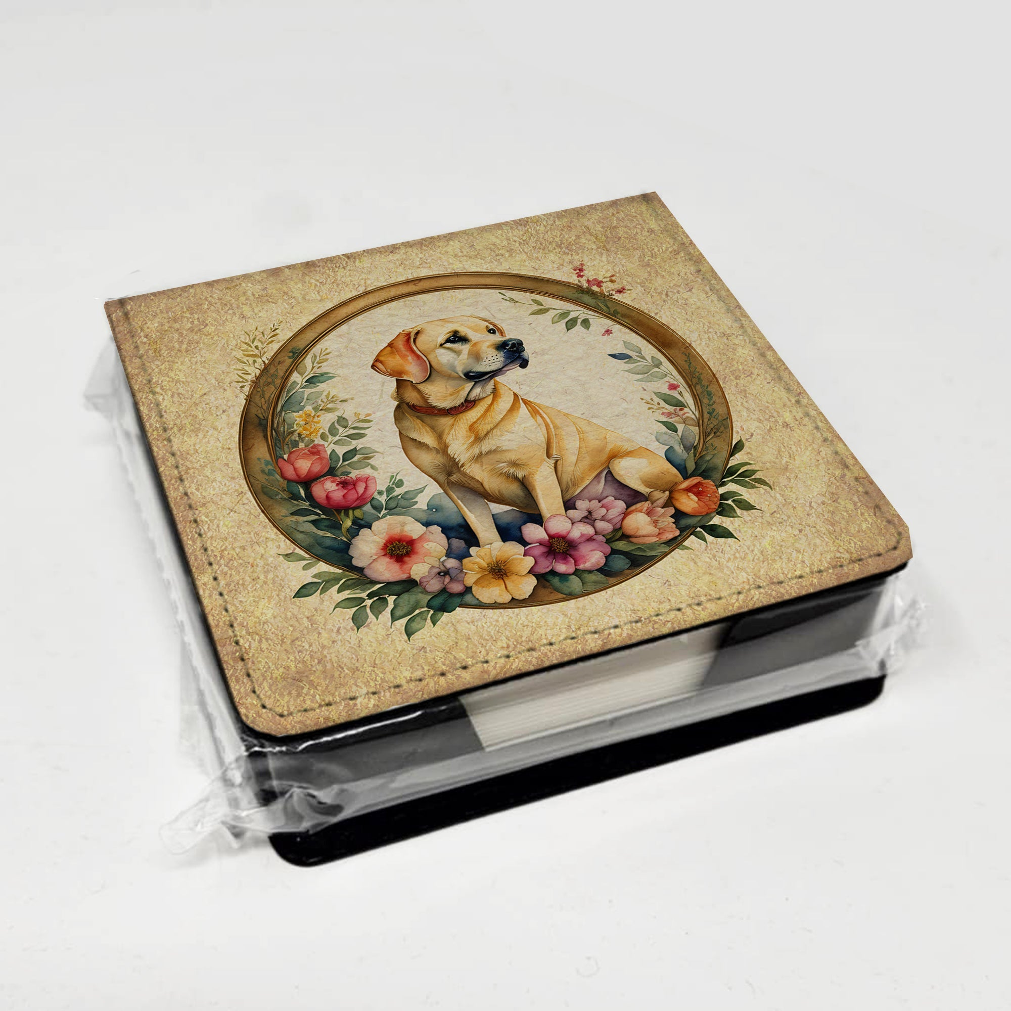 Yellow Labrador Retriever and Flowers PU Leather Note Paper Holder with Artist-Designed Cover, Desk Accessory, Office Gift