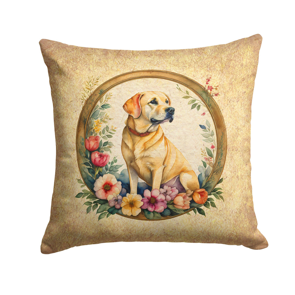 Yellow Labrador Retriever and Flowers Decorative Throw Pillow 14x14 Indoor Outdoor Accent Cushion, Fabric Cover with Insert for Sofa, Bed, Porch & Living Room