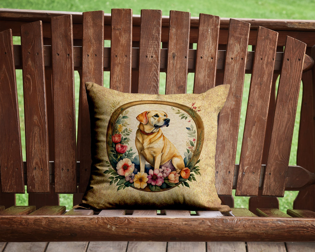 Yellow Labrador Retriever and Flowers Decorative Throw Pillow 14x14 Indoor Outdoor Accent Cushion, Fabric Cover with Insert for Sofa, Bed, Porch & Living Room