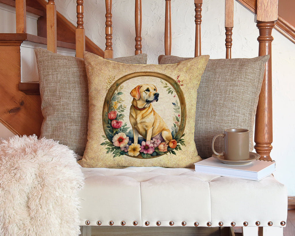 Yellow Labrador Retriever and Flowers Decorative Throw Pillow 14x14 Indoor Outdoor Accent Cushion, Fabric Cover with Insert for Sofa, Bed, Porch & Living Room