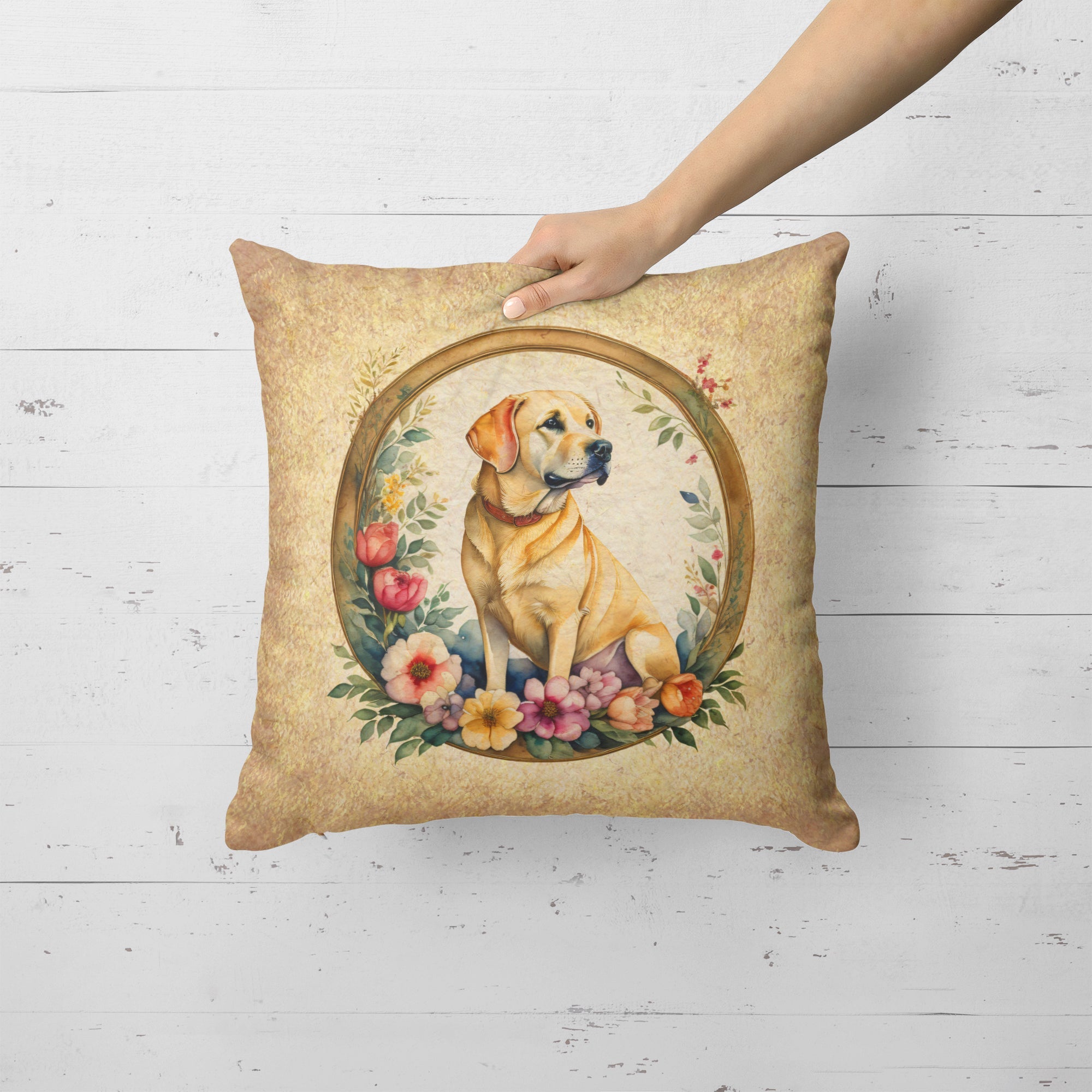 Yellow Labrador Retriever and Flowers Decorative Throw Pillow 18x18 Indoor Outdoor Accent Cushion, Fabric Cover with Insert for Sofa, Bed, Porch & Living Room