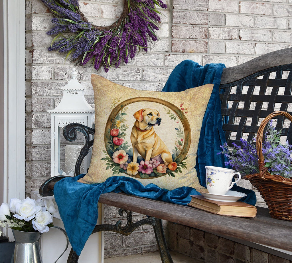 Yellow Labrador Retriever and Flowers Decorative Throw Pillow 18x18 Indoor Outdoor Accent Cushion, Fabric Cover with Insert for Sofa, Bed, Porch & Living Room