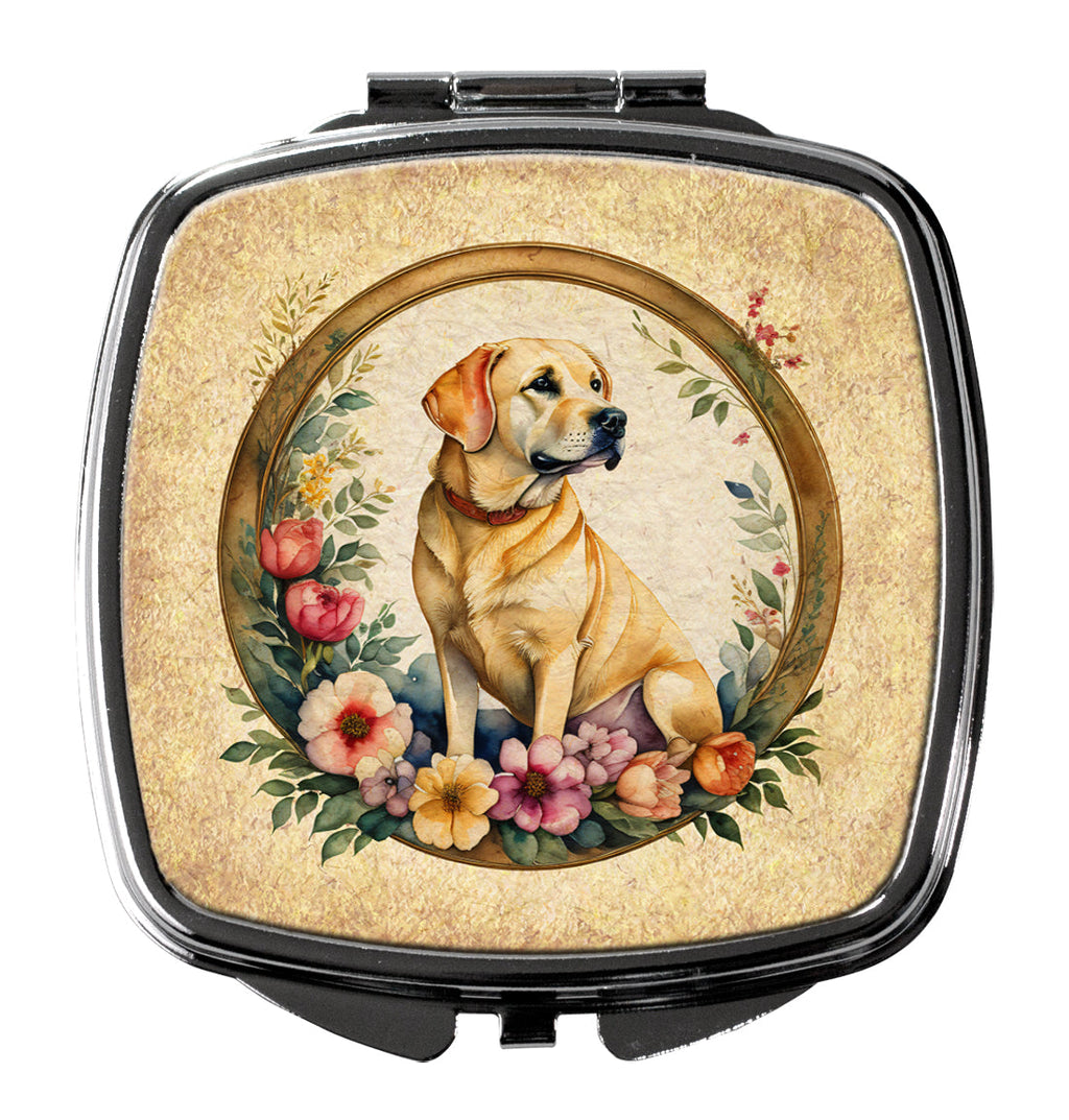 Yellow Labrador Retriever and Flowers Compact Mirror Decorative Travel Makeup Mirror for Women Girls Gifts Pocket Makeup Mirror Folding Handheld