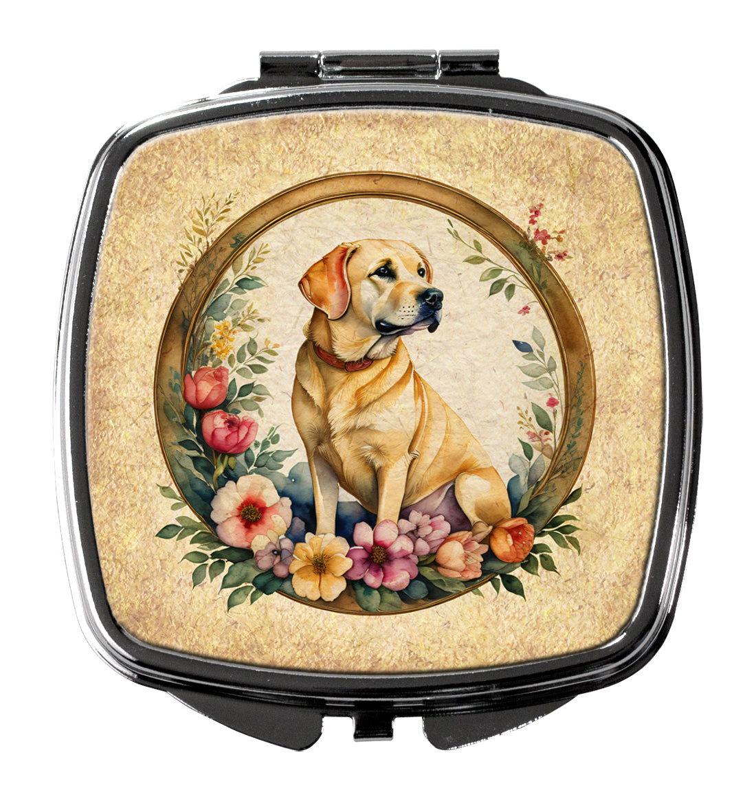 Yellow Labrador Retriever and Flowers Compact Mirror Decorative Travel Makeup Mirror for Women Girls Gifts Pocket Makeup Mirror Folding Handheld