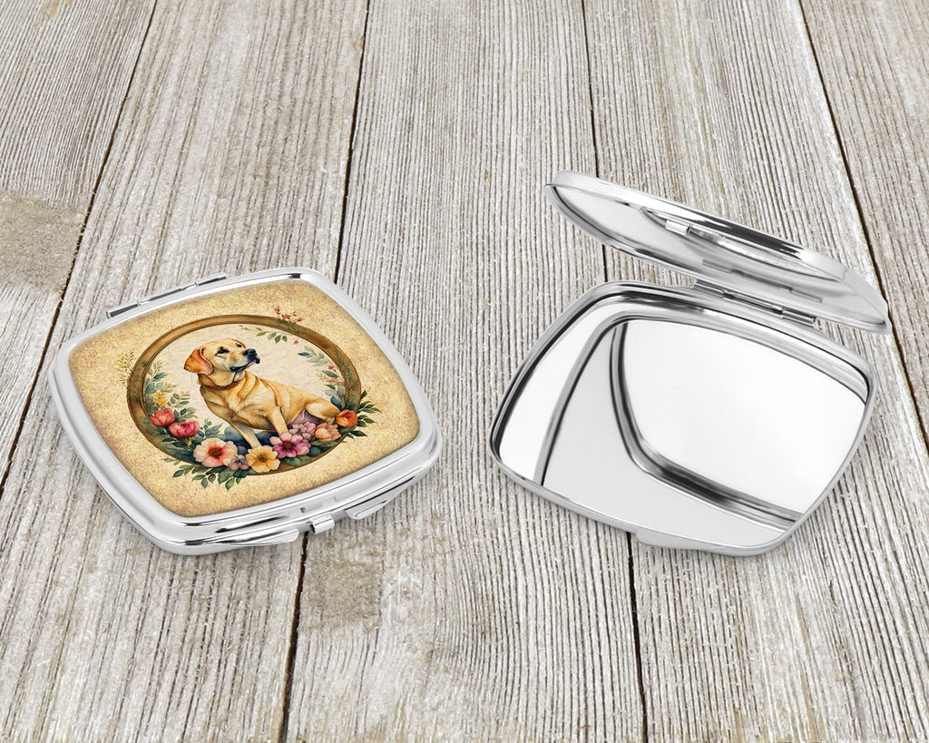 Yellow Labrador Retriever and Flowers Compact Mirror Decorative Travel Makeup Mirror for Women Girls Gifts Pocket Makeup Mirror Folding Handheld