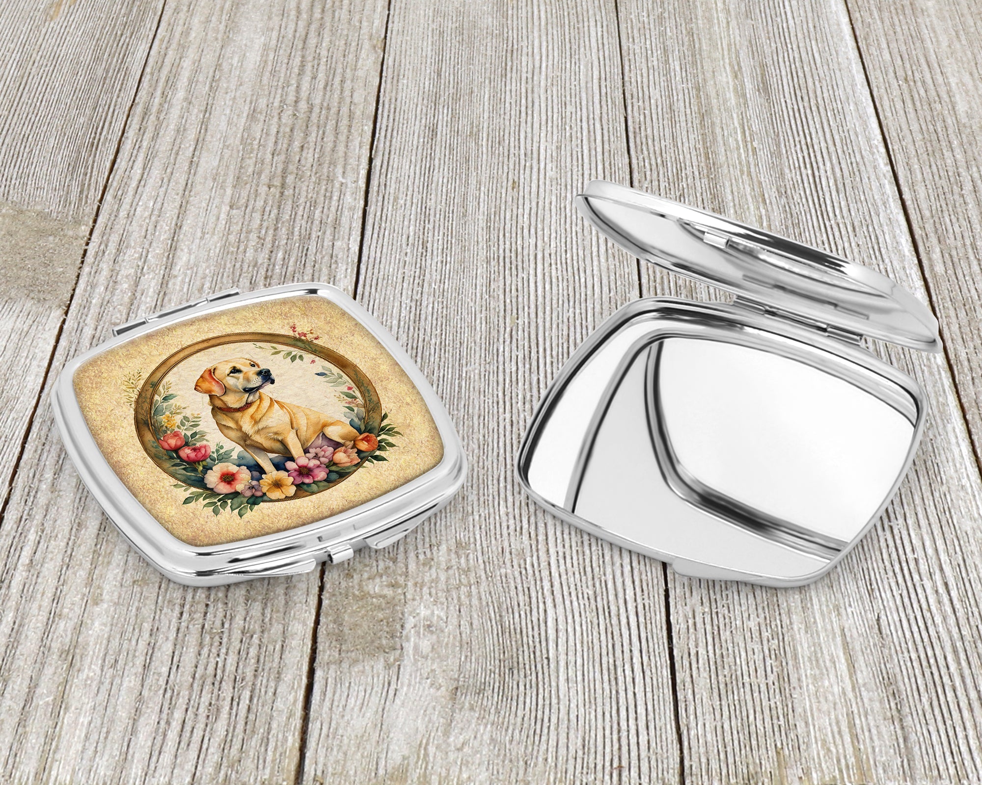 Yellow Labrador Retriever and Flowers Compact Mirror Decorative Travel Makeup Mirror for Women Girls Gifts Pocket Makeup Mirror Folding Handheld