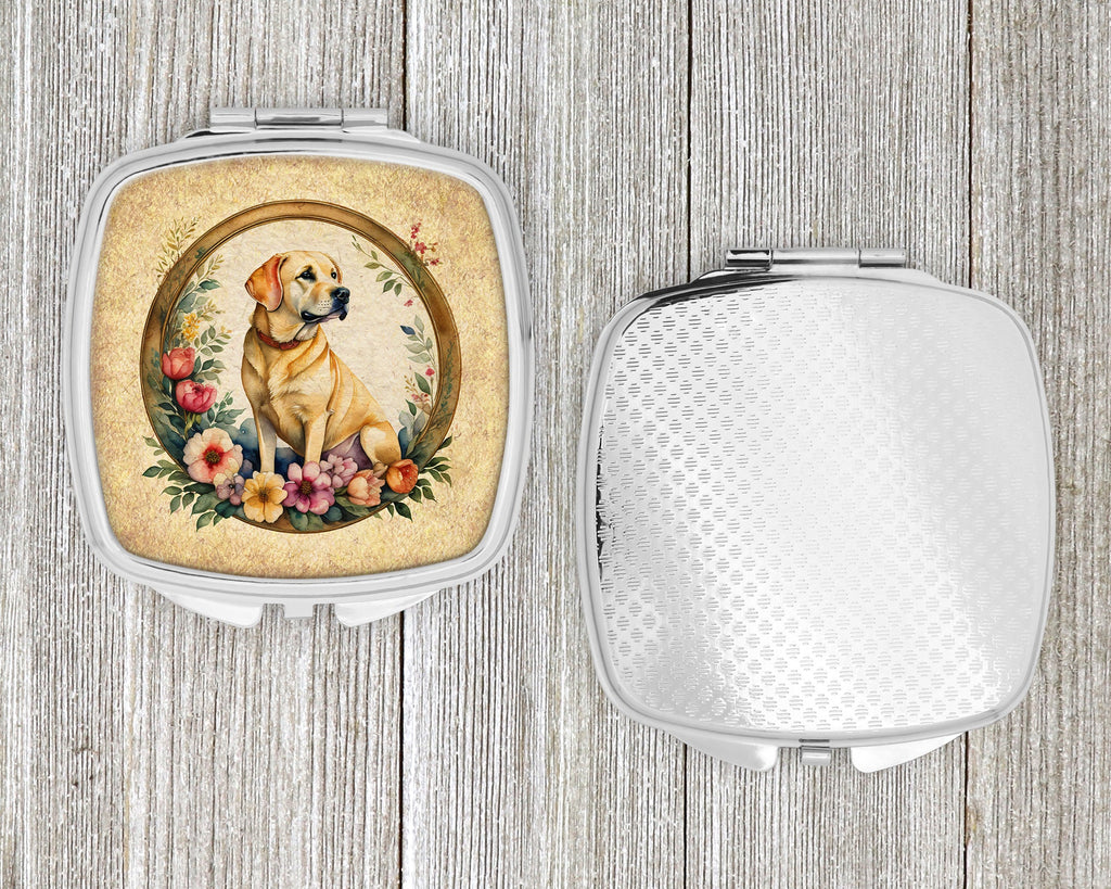Yellow Labrador Retriever and Flowers Compact Mirror Decorative Travel Makeup Mirror for Women Girls Gifts Pocket Makeup Mirror Folding Handheld