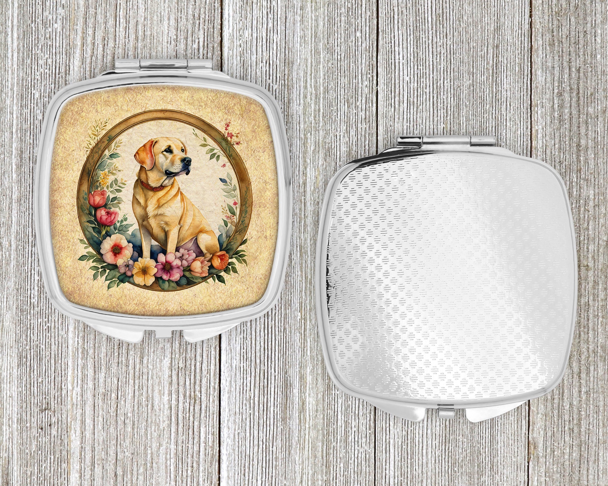 Yellow Labrador Retriever and Flowers Compact Mirror Decorative Travel Makeup Mirror for Women Girls Gifts Pocket Makeup Mirror Folding Handheld