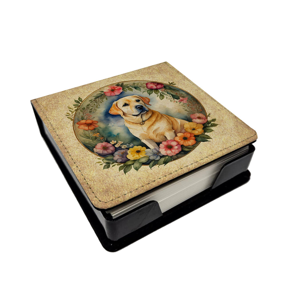 Yellow Labrador Retriever and Flowers PU Leather Note Paper Holder with Artist-Designed Cover, Desk Accessory, Office Gift