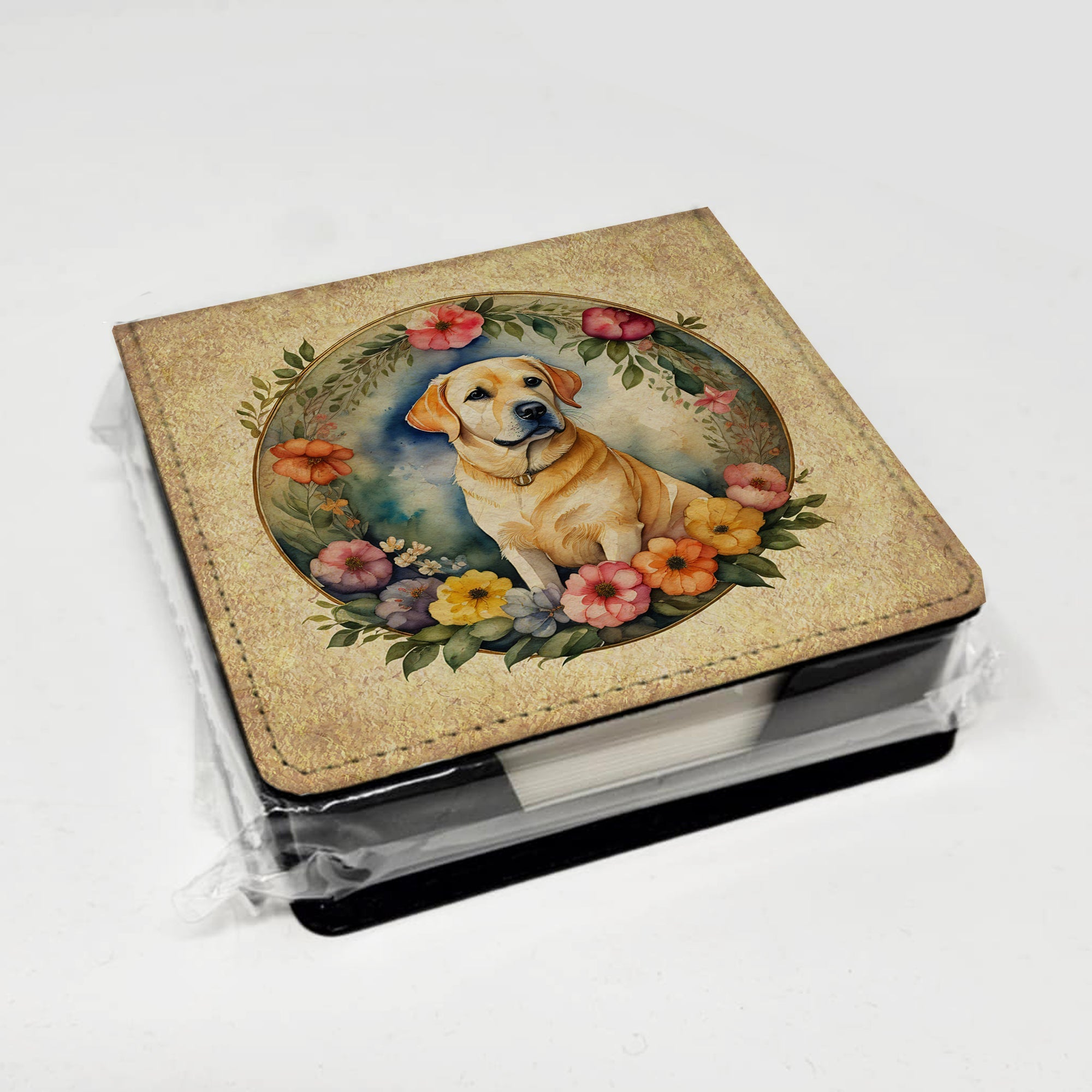 Yellow Labrador Retriever and Flowers PU Leather Note Paper Holder with Artist-Designed Cover, Desk Accessory, Office Gift