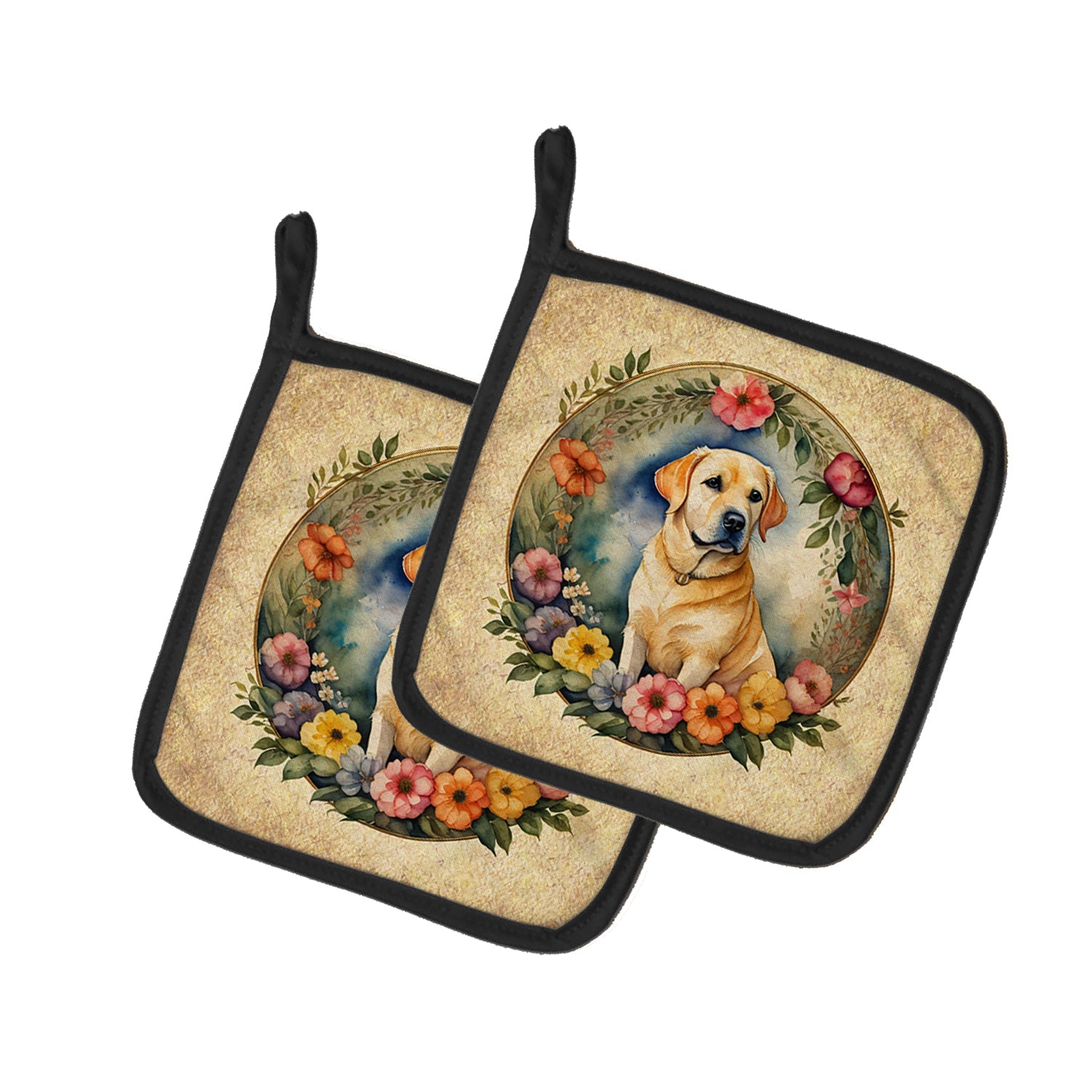 Yellow Labrador Retriever and Flowers Pot Holder Set of 2 Heat Resistant Quilted Hot Pads 7.5 x 7.5 Inch, Insulated Kitchen Trivets for Cooking & Baking
