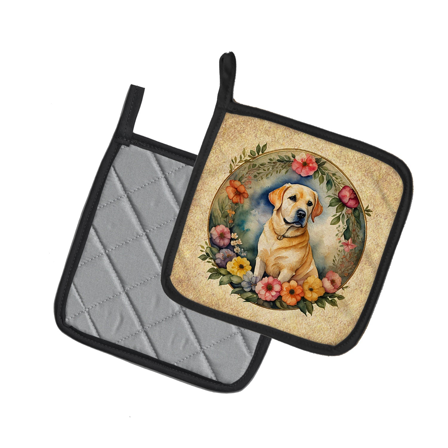Yellow Labrador Retriever and Flowers Pot Holder Set of 2 Heat Resistant Quilted Hot Pads 7.5 x 7.5 Inch, Insulated Kitchen Trivets for Cooking & Baking