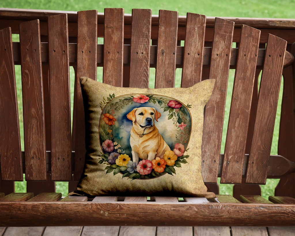 Yellow Labrador Retriever and Flowers Decorative Throw Pillow 14x14 Indoor Outdoor Accent Cushion, Fabric Cover with Insert for Sofa, Bed, Porch & Living Room