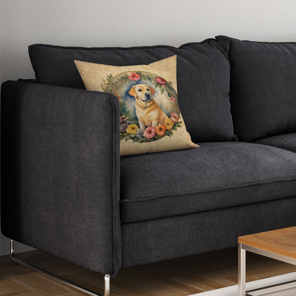 Yellow Labrador Retriever and Flowers Decorative Throw Pillow 14x14 Indoor Outdoor Accent Cushion, Fabric Cover with Insert for Sofa, Bed, Porch & Living Room