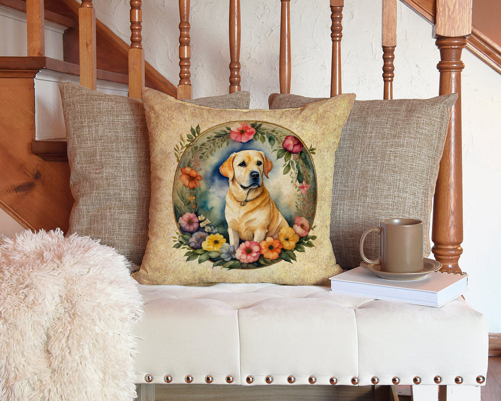 Yellow Labrador Retriever and Flowers Decorative Throw Pillow 14x14 Indoor Outdoor Accent Cushion, Fabric Cover with Insert for Sofa, Bed, Porch & Living Room