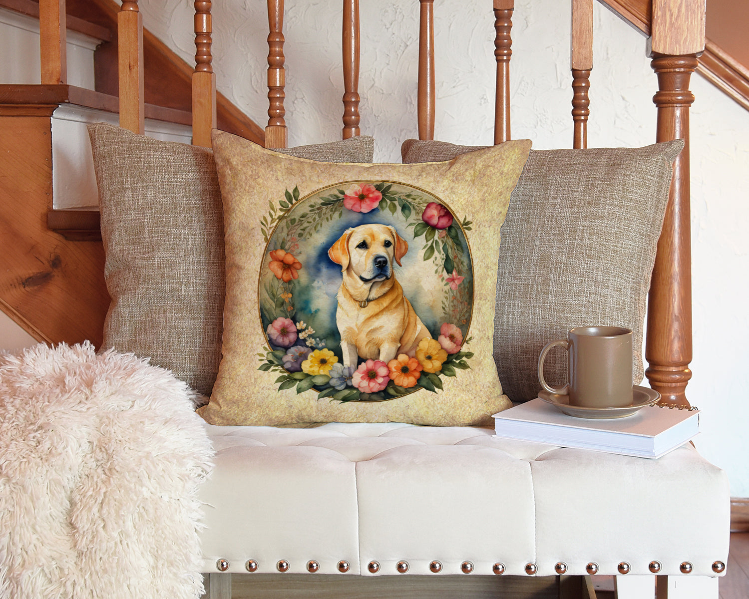 Yellow Labrador Retriever and Flowers Decorative Throw Pillow 14x14 Indoor Outdoor Accent Cushion, Fabric Cover with Insert for Sofa, Bed, Porch & Living Room