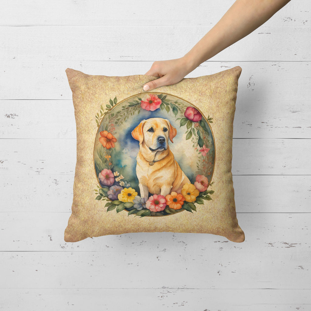 Yellow Labrador Retriever and Flowers Decorative Throw Pillow 18x18 Indoor Outdoor Accent Cushion, Fabric Cover with Insert for Sofa, Bed, Porch & Living Room