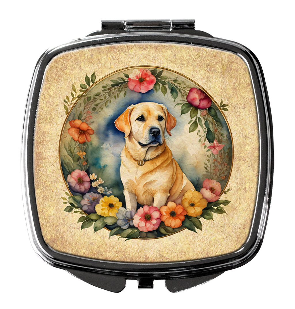 Yellow Labrador Retriever and Flowers Compact Mirror Decorative Travel Makeup Mirror for Women Girls Gifts Pocket Makeup Mirror Folding Handheld
