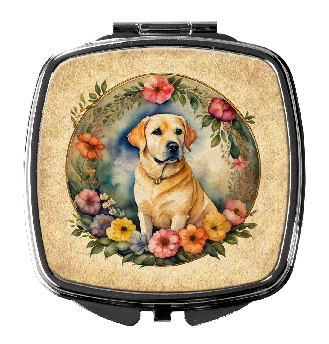Yellow Labrador Retriever and Flowers Compact Mirror Decorative Travel Makeup Mirror for Women Girls Gifts Pocket Makeup Mirror Folding Handheld
