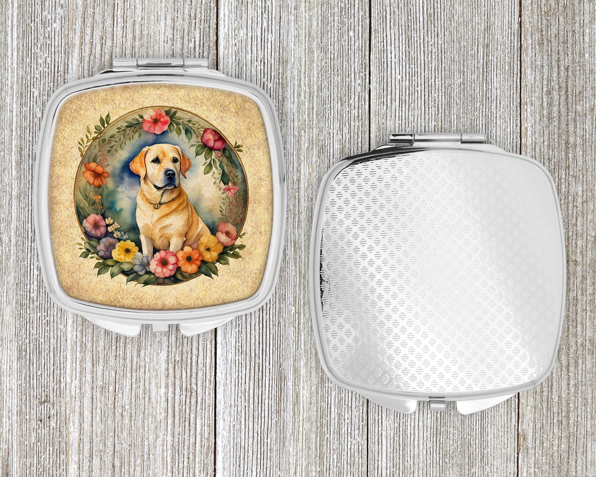 Yellow Labrador Retriever and Flowers Compact Mirror Decorative Travel Makeup Mirror for Women Girls Gifts Pocket Makeup Mirror Folding Handheld