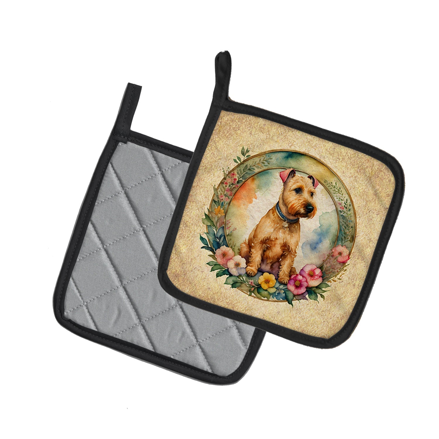 Lakeland Terrier and Flowers Pot Holder Set of 2 Heat Resistant Quilted Hot Pads 7.5 x 7.5 Inch, Insulated Kitchen Trivets for Cooking & Baking