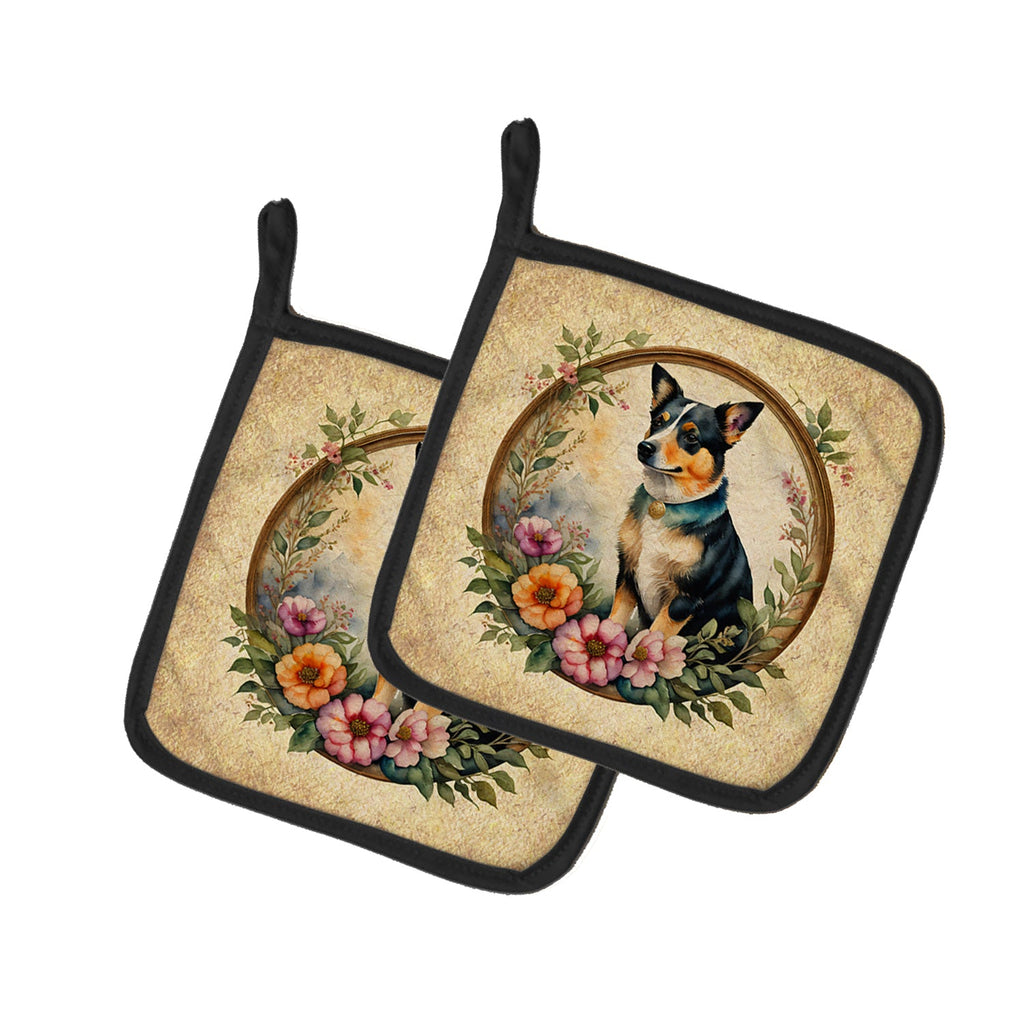 Lancashire Heeler and Flowers Pot Holder Set of 2 Heat Resistant Quilted Hot Pads 7.5 x 7.5 Inch, Insulated Kitchen Trivets for Cooking & Baking