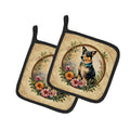 Lancashire Heeler and Flowers Pot Holder Set of 2 Heat Resistant Quilted Hot Pads 7.5 x 7.5 Inch, Insulated Kitchen Trivets for Cooking & Baking