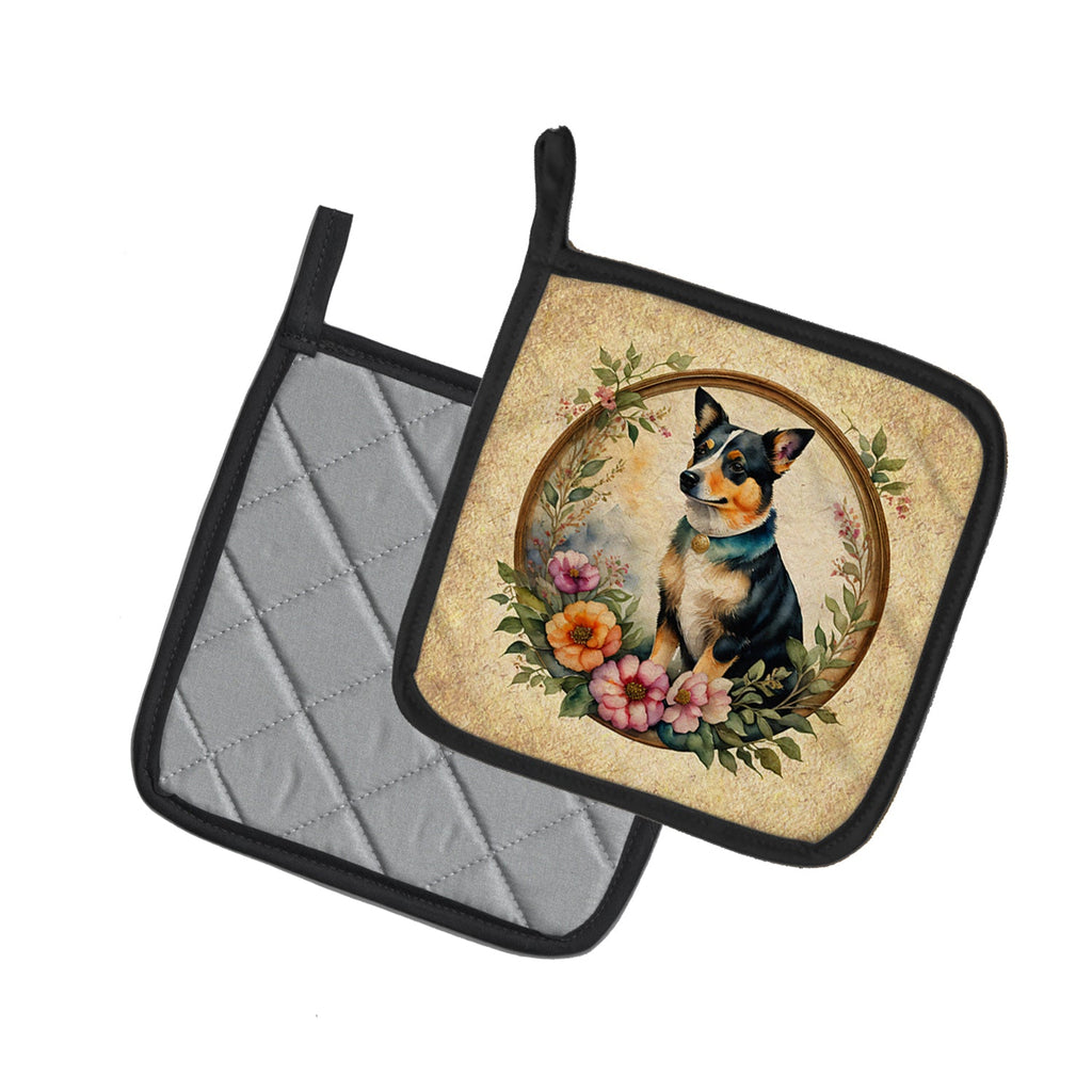 Lancashire Heeler and Flowers Pot Holder Set of 2 Heat Resistant Quilted Hot Pads 7.5 x 7.5 Inch, Insulated Kitchen Trivets for Cooking & Baking