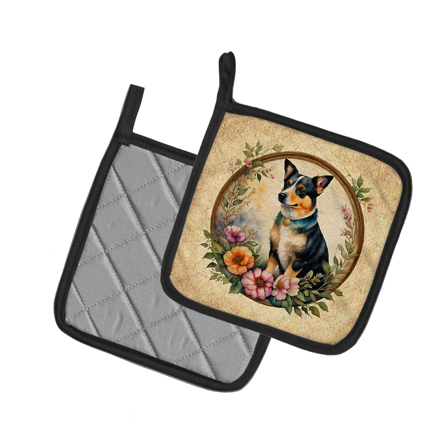 Lancashire Heeler and Flowers Pot Holder Set of 2 Heat Resistant Quilted Hot Pads 7.5 x 7.5 Inch, Insulated Kitchen Trivets for Cooking & Baking