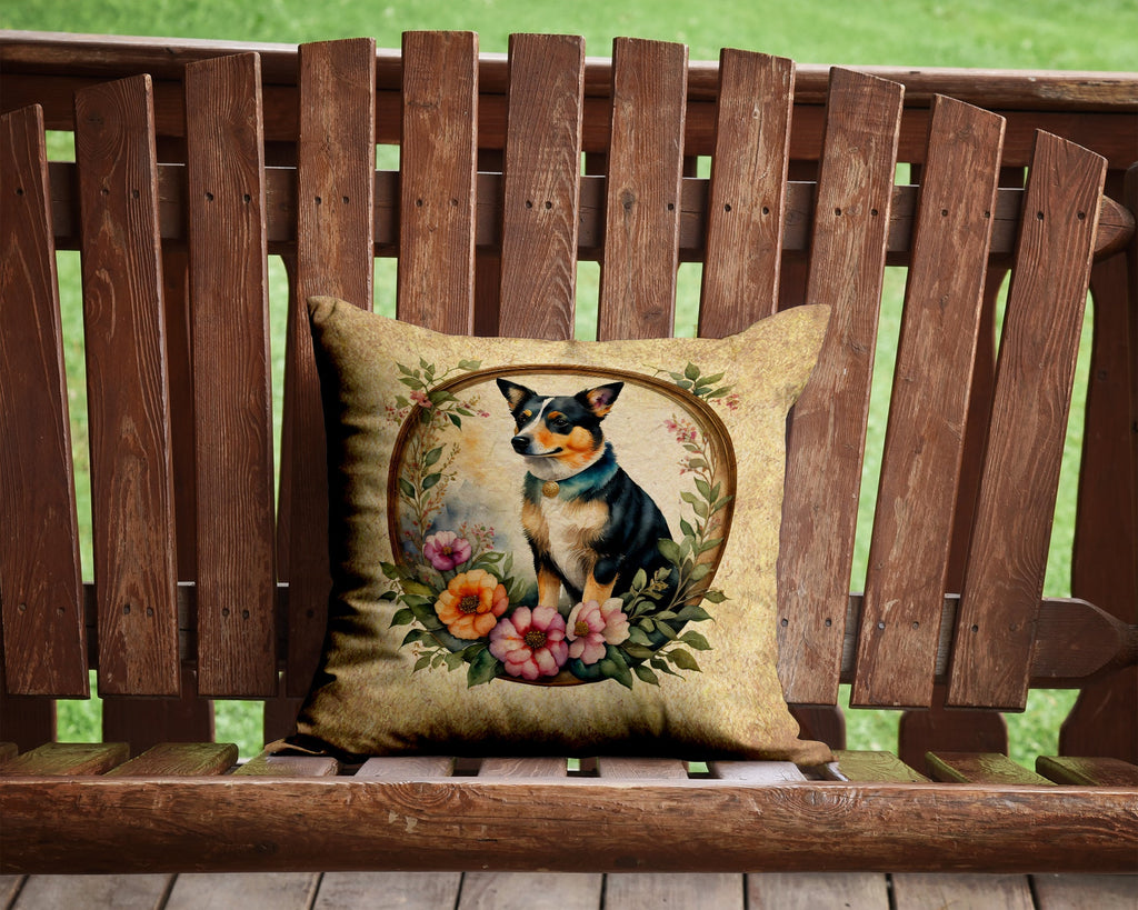 Lancashire Heeler and Flowers Decorative Throw Pillow 14x14 Indoor Outdoor Accent Cushion, Fabric Cover with Insert for Sofa, Bed, Porch & Living Room