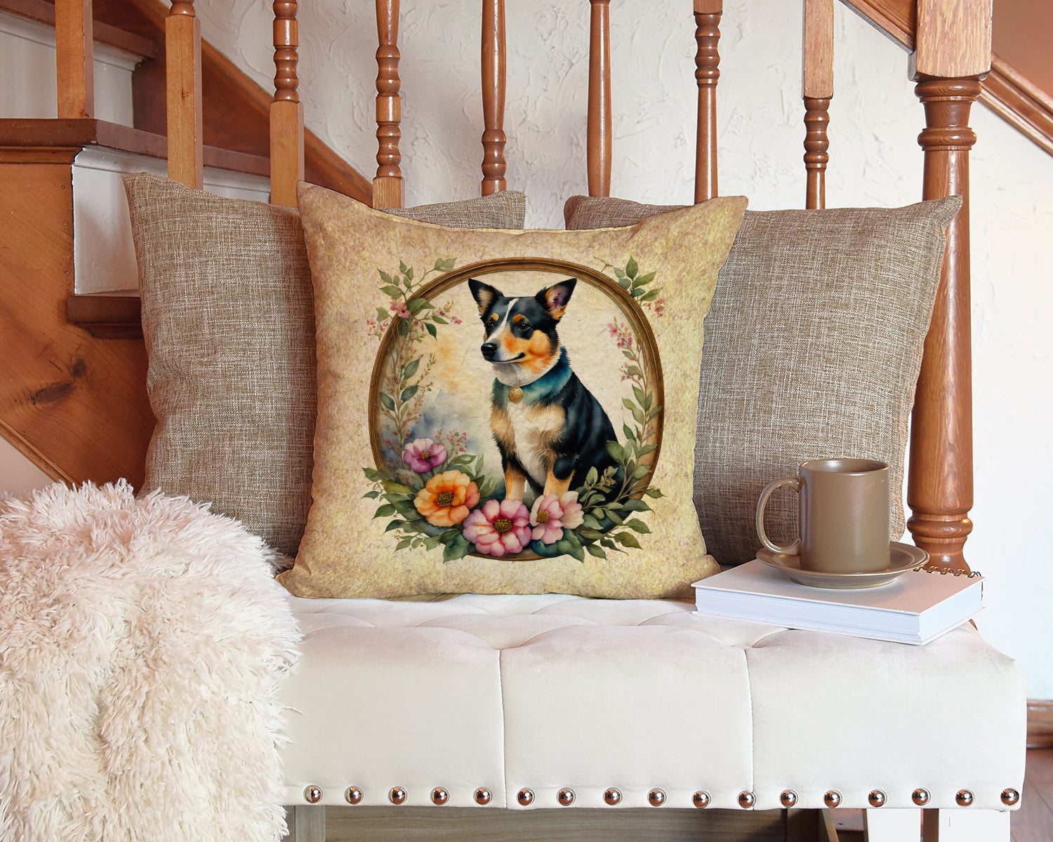 Lancashire Heeler and Flowers Decorative Throw Pillow 14x14 Indoor Outdoor Accent Cushion, Fabric Cover with Insert for Sofa, Bed, Porch & Living Room