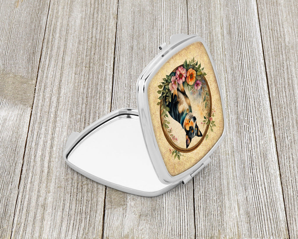 Lancashire Heeler and Flowers Compact Mirror Decorative Travel Makeup Mirror for Women Girls Gifts Pocket Makeup Mirror Folding Handheld