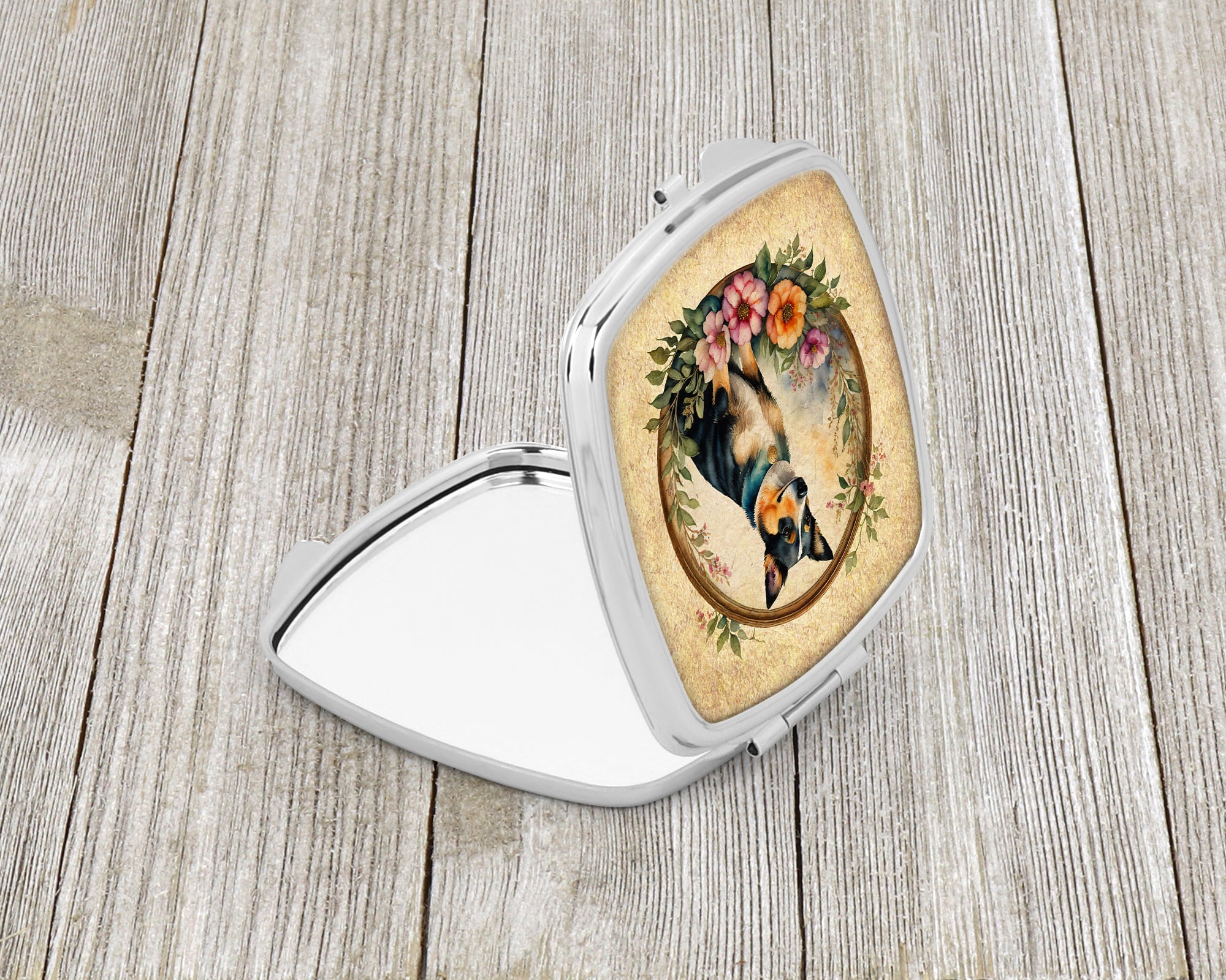 Lancashire Heeler and Flowers Compact Mirror Decorative Travel Makeup Mirror for Women Girls Gifts Pocket Makeup Mirror Folding Handheld