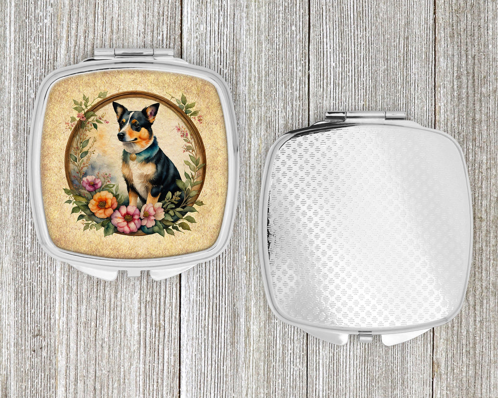 Lancashire Heeler and Flowers Compact Mirror Decorative Travel Makeup Mirror for Women Girls Gifts Pocket Makeup Mirror Folding Handheld