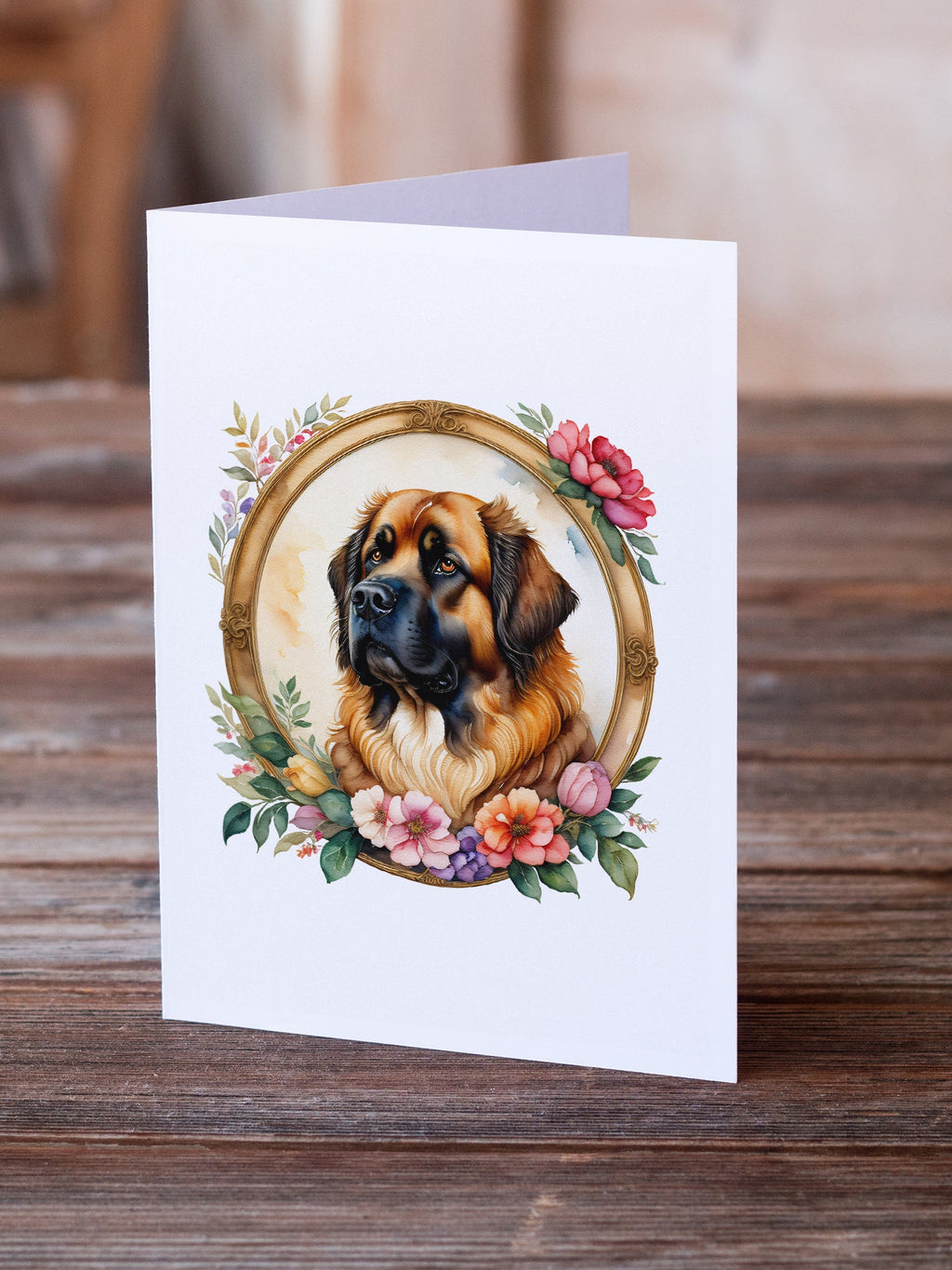 Leonberger and Flowers Greeting Cards Pack of 8 Blank Cards with Envelopes Whimsical A7 Size 5x7