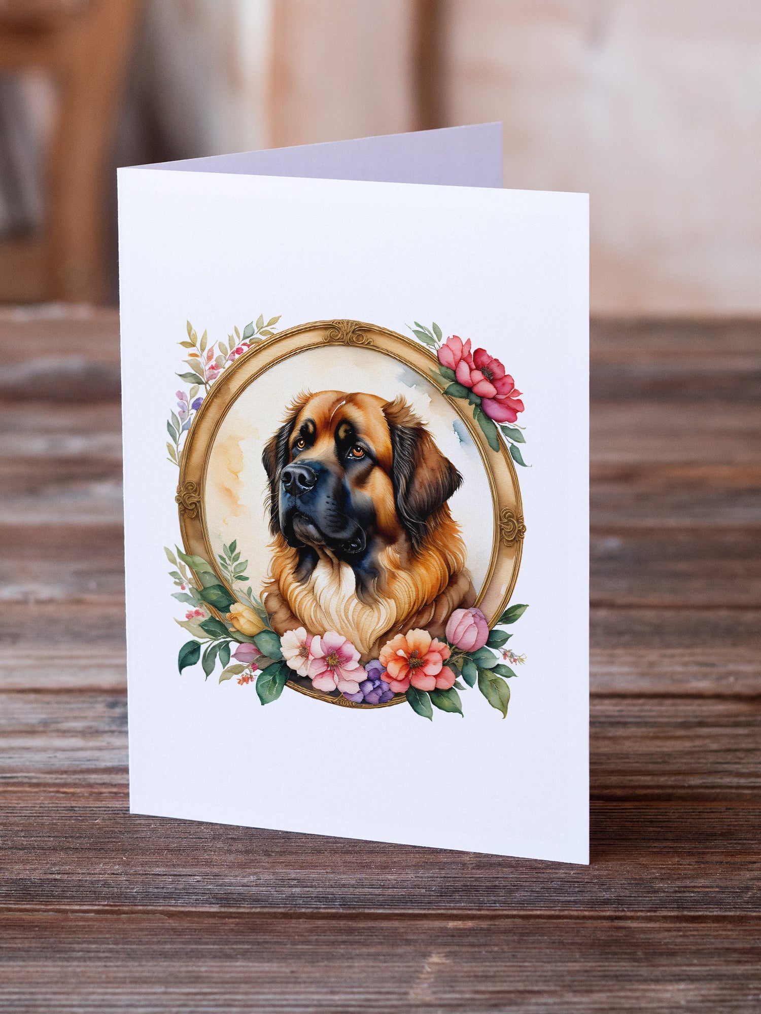 Leonberger and Flowers Greeting Cards Pack of 8 Blank Cards with Envelopes Whimsical A7 Size 5x7