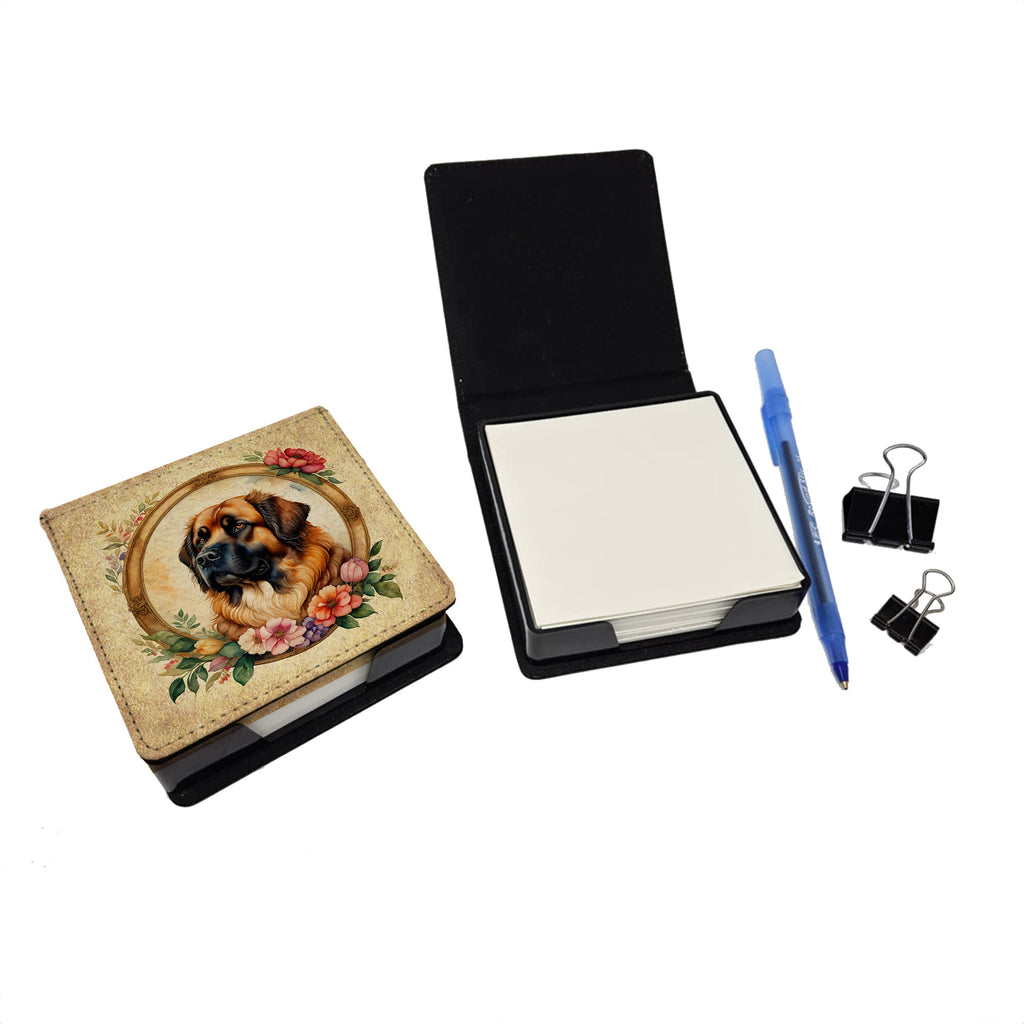 Leonberger and Flowers PU Leather Note Paper Holder with Artist-Designed Cover, Desk Accessory, Office Gift