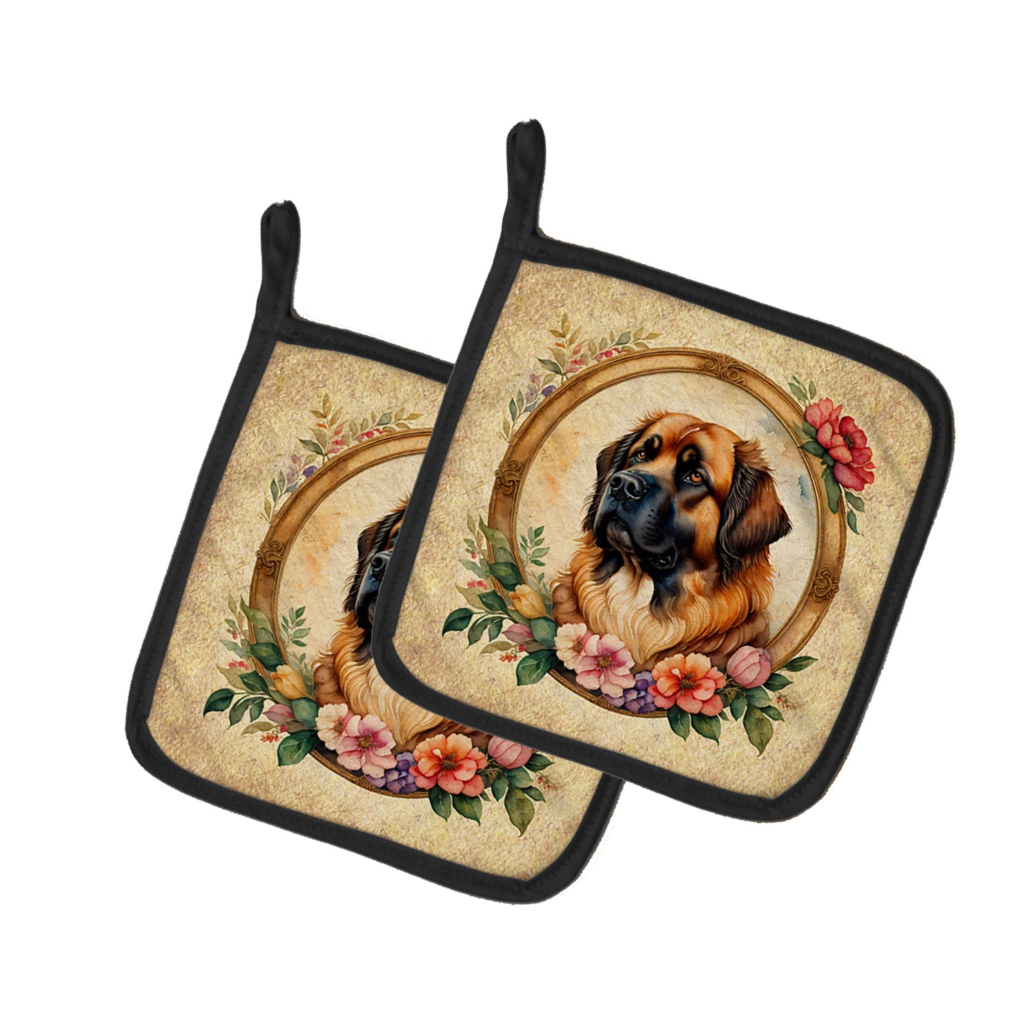 Leonberger and Flowers Pot Holder Set of 2 Heat Resistant Quilted Hot Pads 7.5 x 7.5 Inch, Insulated Kitchen Trivets for Cooking & Baking