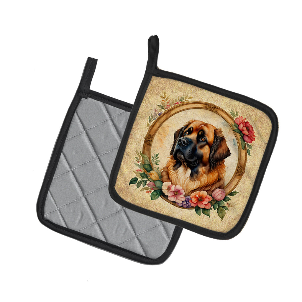 Leonberger and Flowers Pot Holder Set of 2 Heat Resistant Quilted Hot Pads 7.5 x 7.5 Inch, Insulated Kitchen Trivets for Cooking & Baking