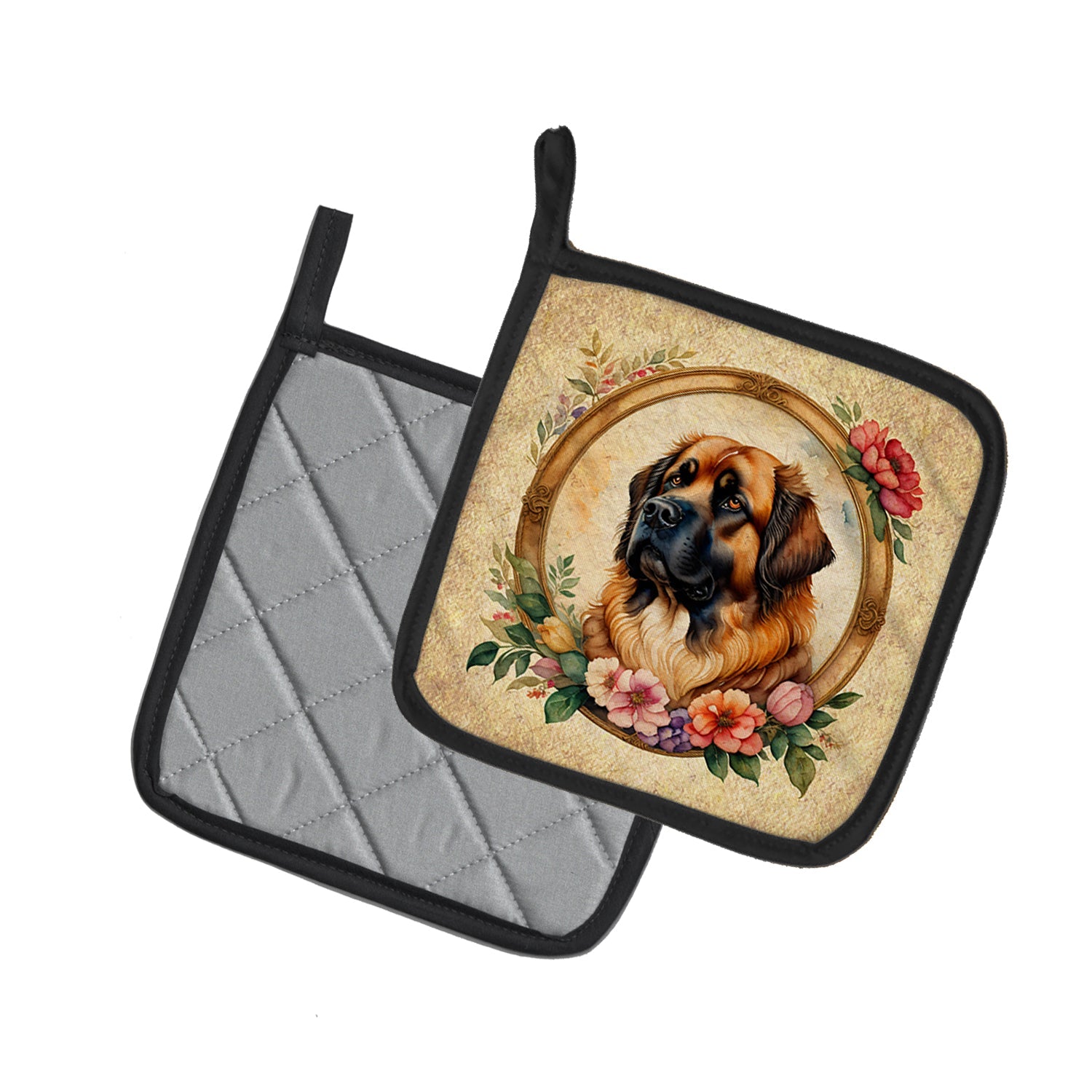Leonberger and Flowers Pot Holder Set of 2 Heat Resistant Quilted Hot Pads 7.5 x 7.5 Inch, Insulated Kitchen Trivets for Cooking & Baking